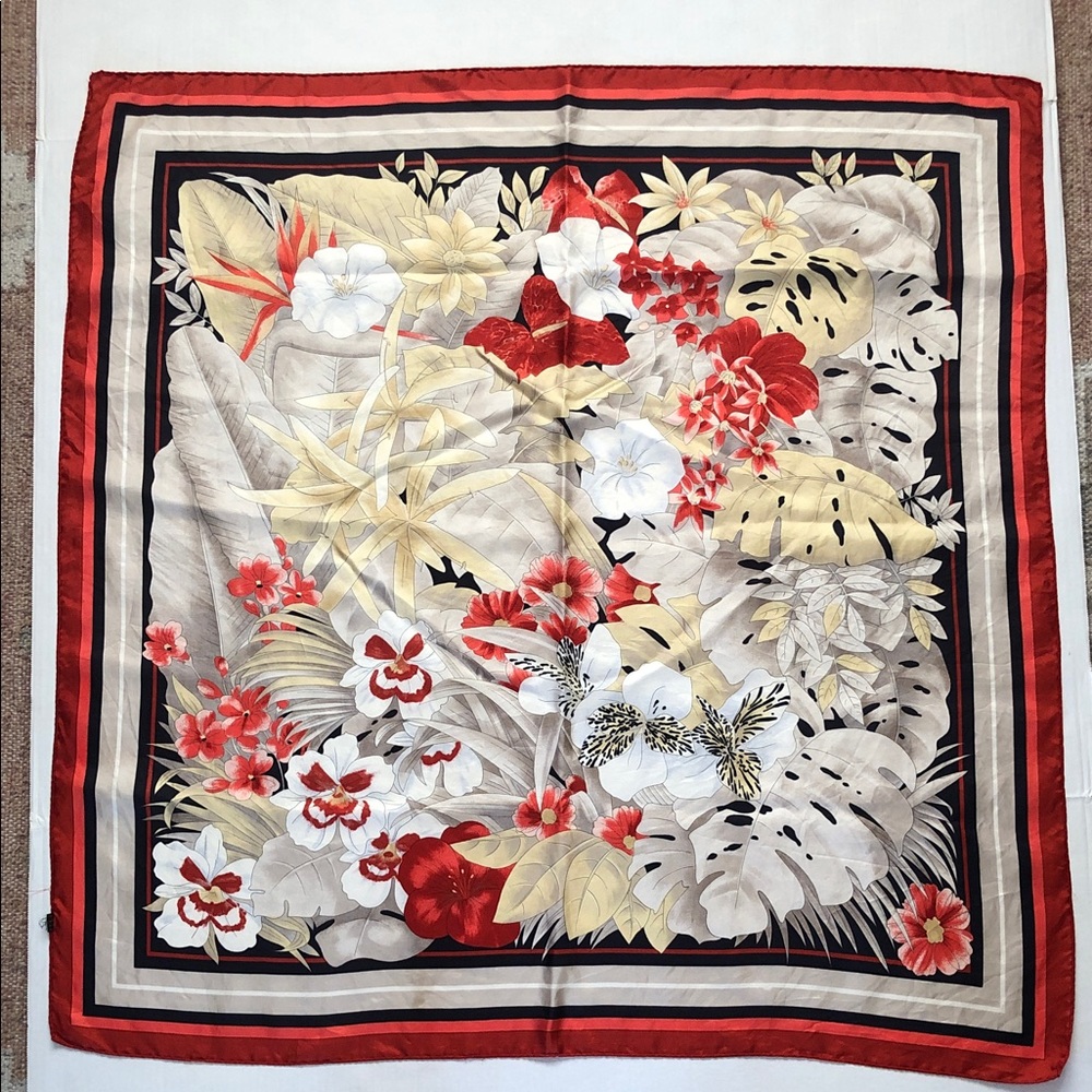 Silky Square Floral Scarf , Hand-Sewn Edge, Red, Black, Tan